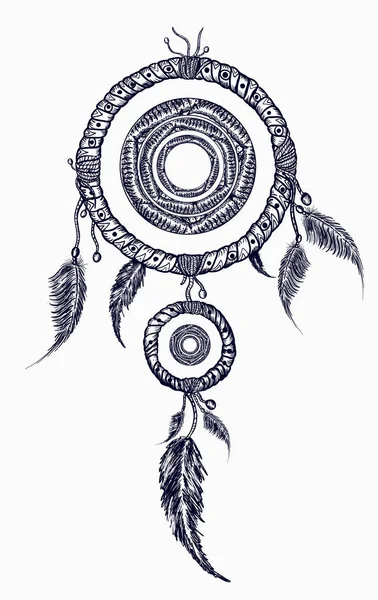 Łapacz snów z piór Tatuaż. Native american styl Boho — Wektor stockowy