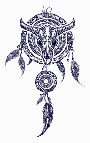 Bison skull and indian dream catcher tattoo. Tribal art Stock Illustration