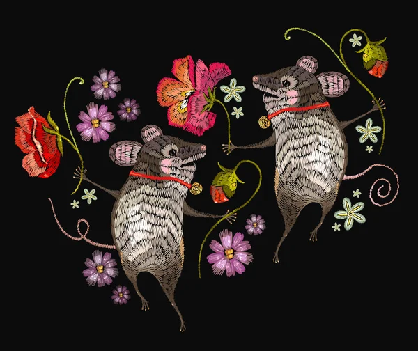 Ratón bordado. Dos ratones alegres se bailan en flores — Archivo Imágenes Vectoriales