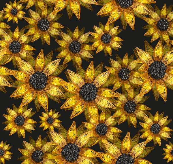 Вишивка квітами соняшника безшовний візерунок — стоковий вектор