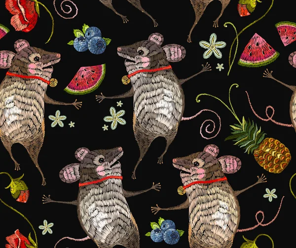 Embroidery mouse seamless pattern. Two cheerful mice