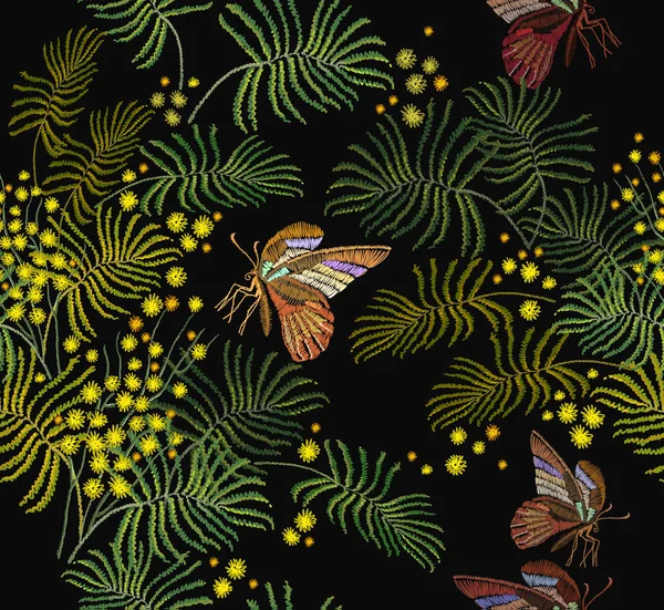 Broderi mimosa blommor och fjärilar sömlösa mönster — Stock vektor