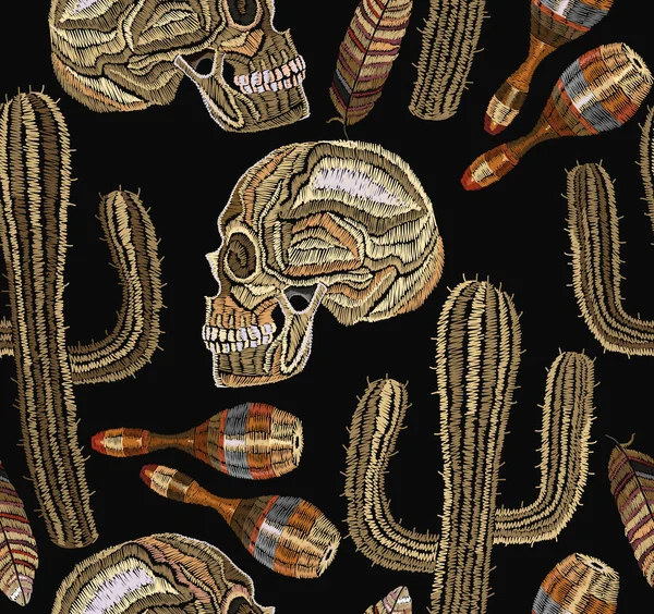 Embroidery mexican culture seamless pattern. Human skull
