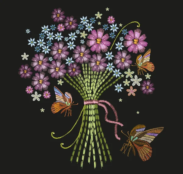 Ramo de bordados de flores y mariposas — Archivo Imágenes Vectoriales