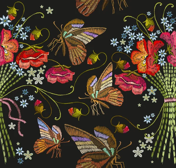 刺繍ケシの花と蝶のシームレス パターン — ストックベクタ