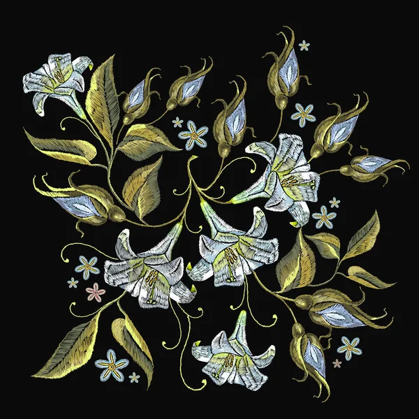 Bordado flores de lirios blancos. Plantilla para ropa, textiles — Vector de stock