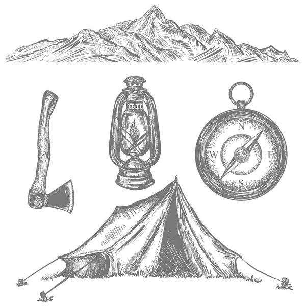 Campeggio tenda, bussola, ascia, lampada cherosene, montagna, avventura — Vettoriale Stock