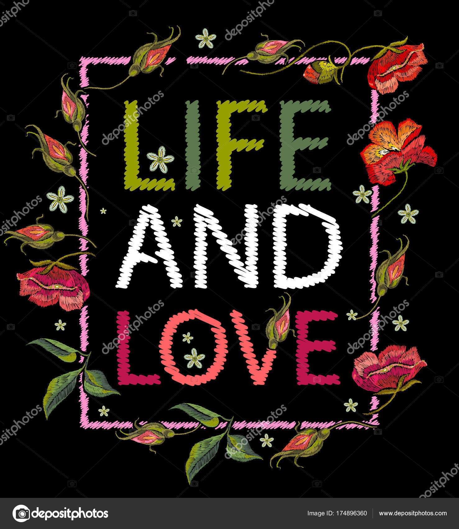Embroidery poppies flowers t-shirt design. Life and love slogan