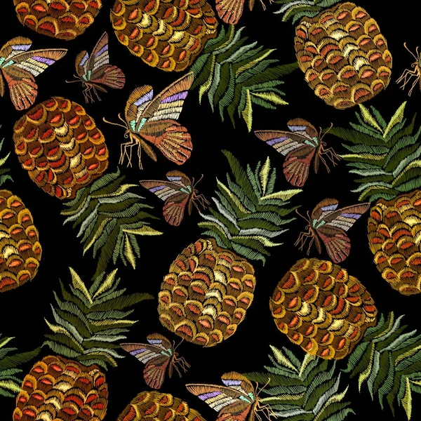 Stickerei Ananas und Schmetterling nahtloses Muster — Stockvektor