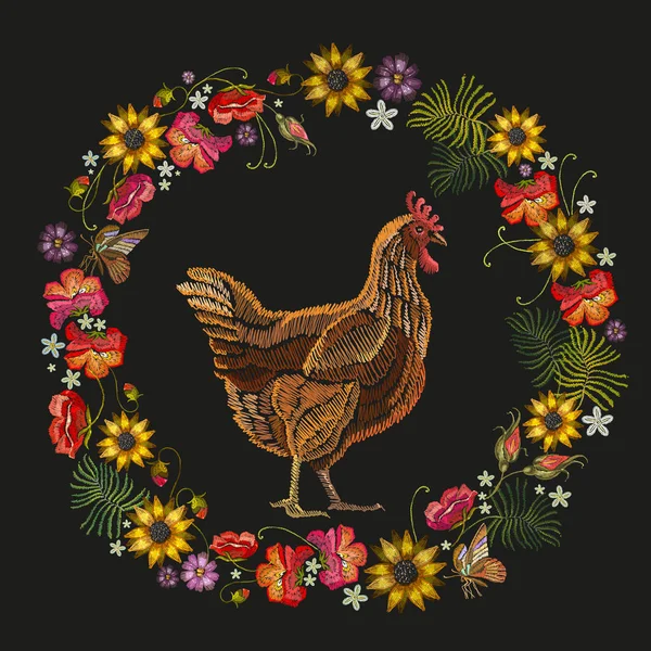 Pollo da ricamo e corona di fiori. Modello di moda — Vettoriale Stock