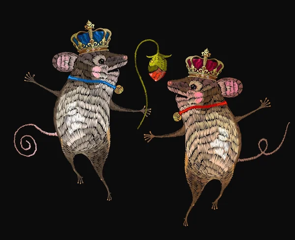 Κέντημα ποντίκι βασιλιά και της βασίλισσας. Δύο χαρούμενα ποντίκια χορεύονται — Διανυσματικό Αρχείο