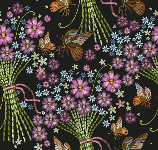 Embroidery bouquet of flowers and butterfly seamless pattern