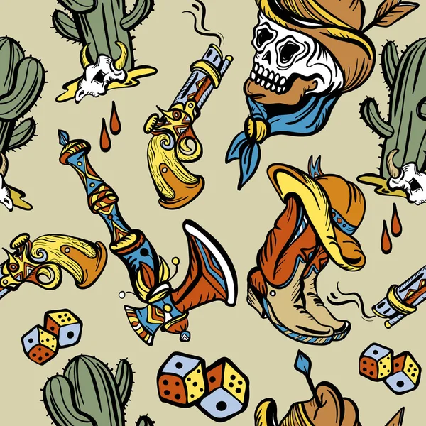 Cowboy, cactus, pistolets, fond ouest sauvage. Ouest sauvage — Image vectorielle