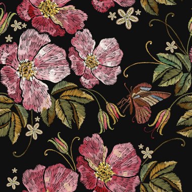 Nakış gül ve kelebek seamless modeli