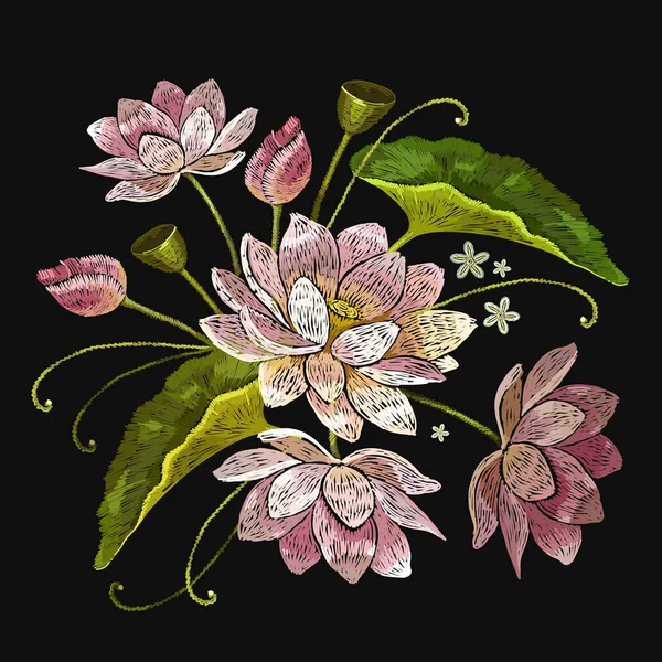 Bordado flores de loto. Bordado clásico lotos rosados — Vector de stock