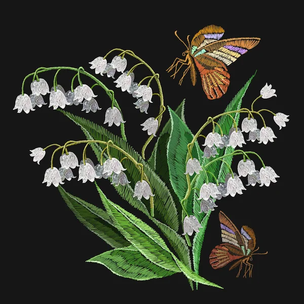 Bordado blanco gotas de nieve flores y mariposa vector — Archivo Imágenes Vectoriales