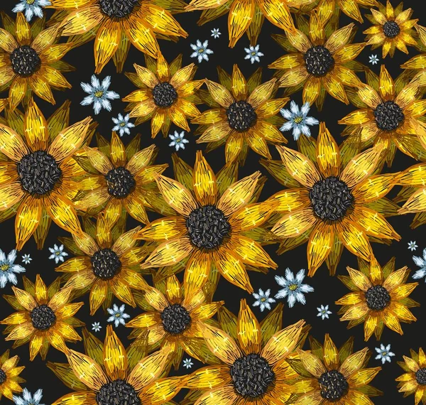 Embroidery sunflowers flowers seamless pattern