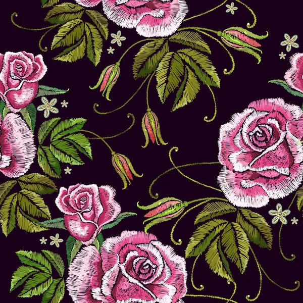 Rosas bordadas patrón sin costuras. Plantilla para ropa, textil — Vector de stock