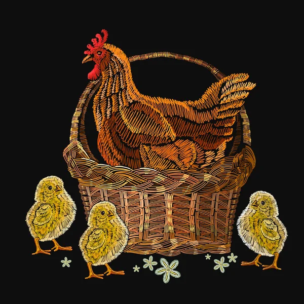 Ricamo gallina e polli in un cesto. Ricamo classico — Vettoriale Stock