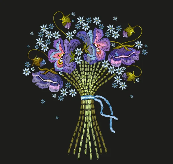 青い花のブーケを刺繍。クラシック刺繍 — ストックベクタ