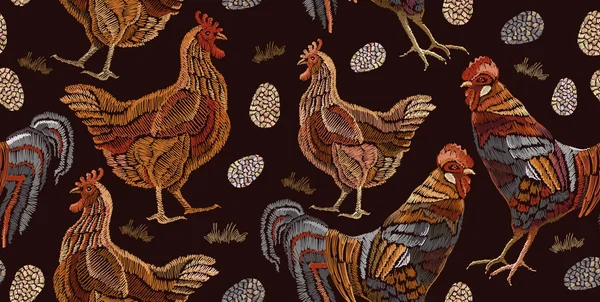刺繍鶏およびオンドリ ヴィンテージのシームレス パターン — ストックベクタ