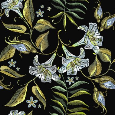 Nakış beyaz lilyum seamless modeli. Giysiler için şablon