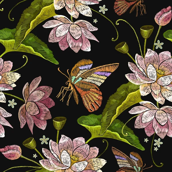 Embroidery lotus flowers and butterfly seamless pattern