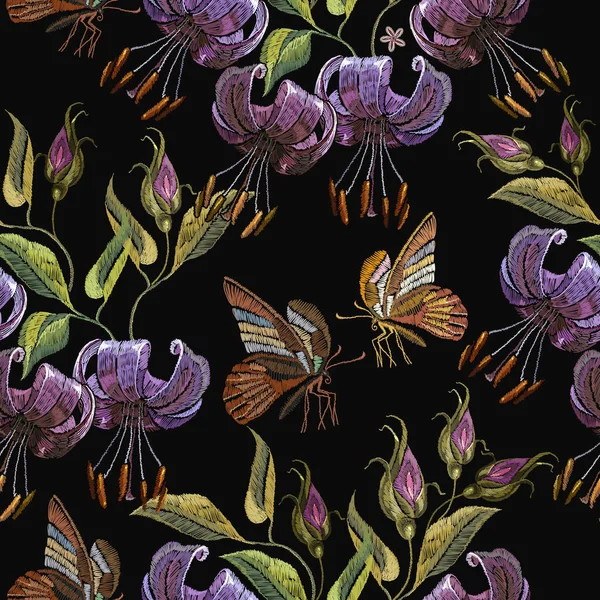 Stickerei Tiger Lillies und Schmetterling nahtlose Muster — Stockvektor