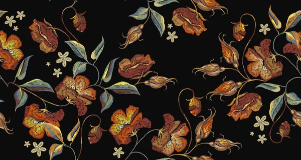 Embroidery roses flowers seamless pattern. Template for clothes