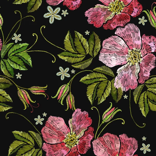 刺繍ヴィンテージ野バラのシームレスなパターン — ストックベクタ
