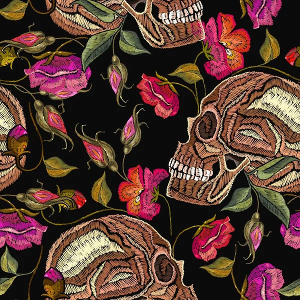 Embroidery skull and flowers seamless pattern. Fashion template