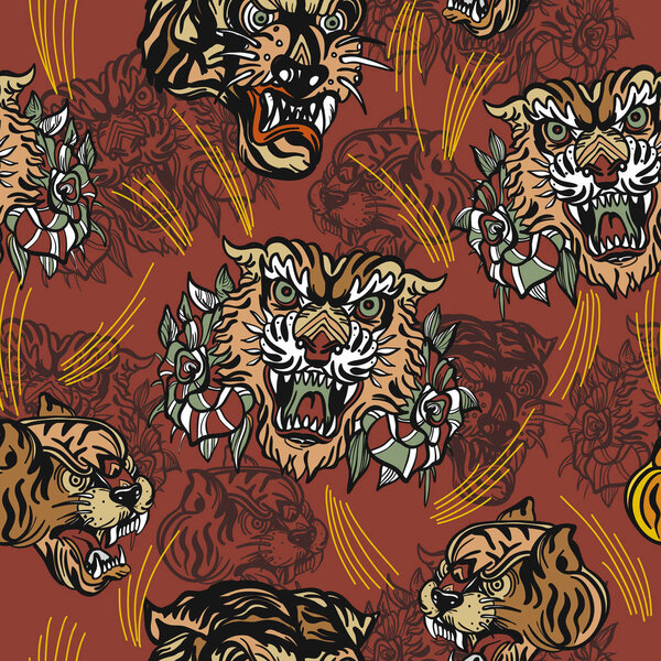 Тигры бесшовные, старинный вектор татуировки
