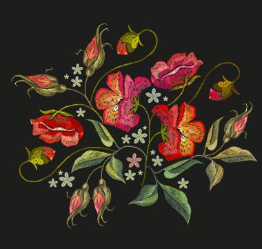 Nakış haşhaş çiçekleri t-shirt tasarım. Giysiler için şablon