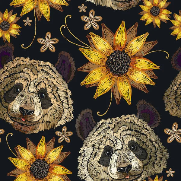 Embroidery panda head and sunflowers seamless pattern