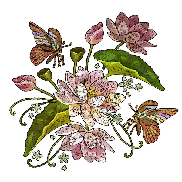 Bordado flores de loto y mariposa. Bordado clásico — Vector de stock