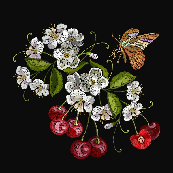 Stickerei Kirschblütenbaum und Kirschfruchtbeere — Stockvektor