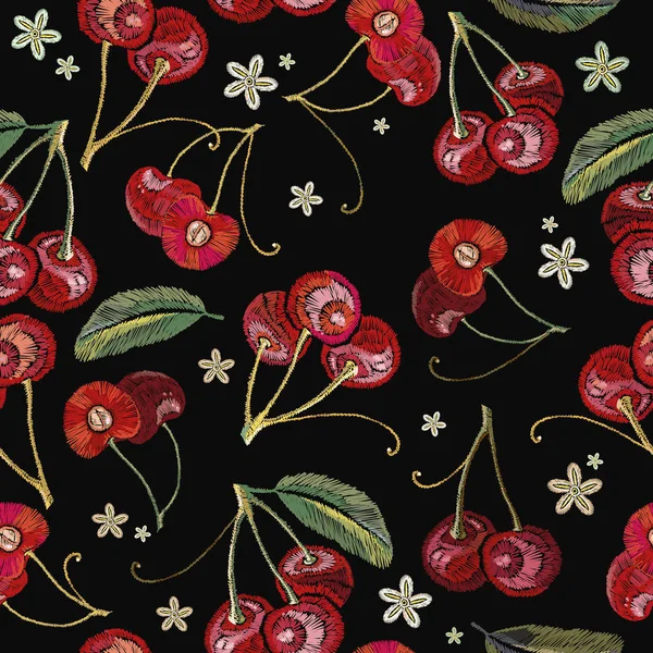 刺繍桜フルーツ ベリーのシームレス パターン — ストックベクタ
