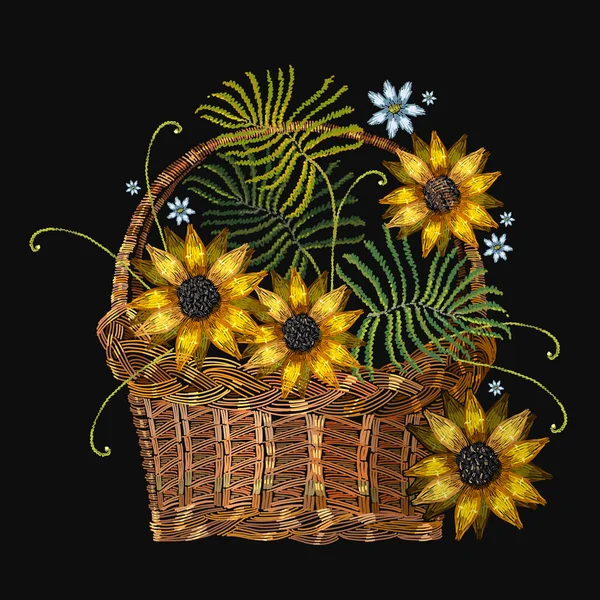 Вишивати плетені кошики та соняшники. фон саду — стоковий вектор