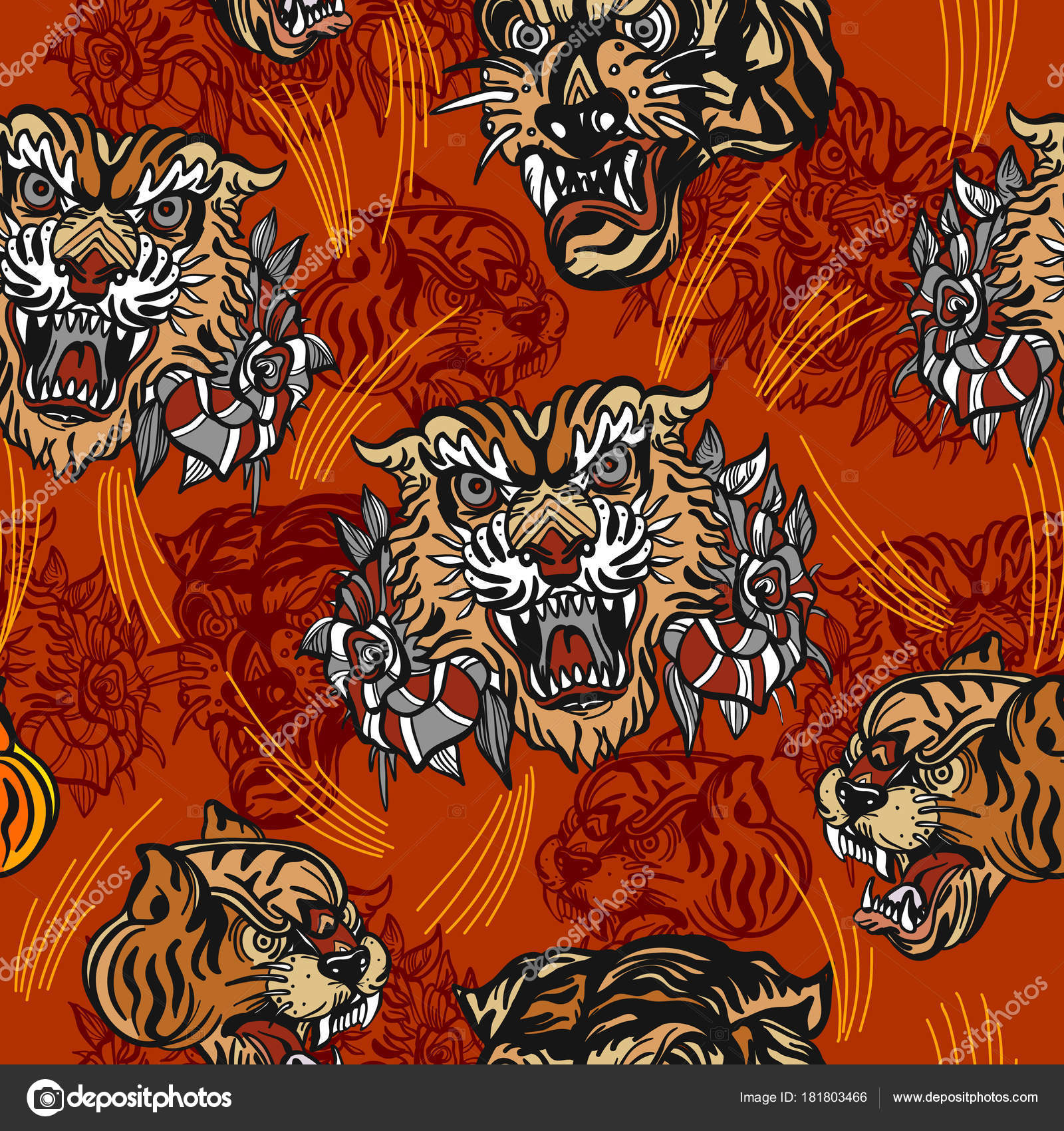 Tigers seamless pattern, vintage old school tattoo vector Stock Vector  Image by ©nostro #181803466