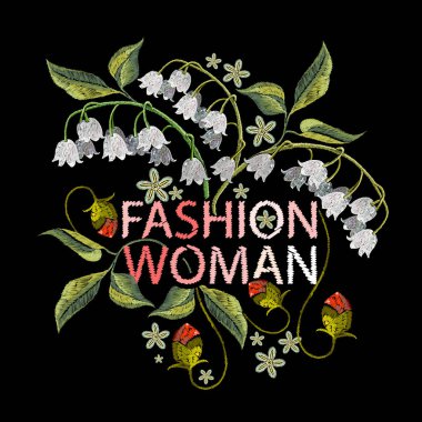 Nakış beyaz kardelen ve kelebekler, moda kadın sloganı