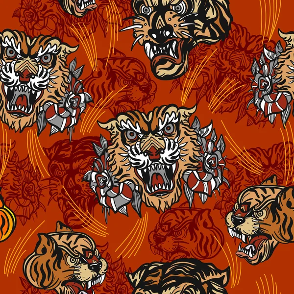 Kaplanlar seamless modeli, vintage eski okul dövme vektör