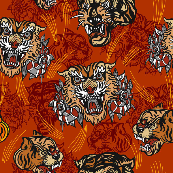 Тигры бесшовные, старинный вектор татуировки

