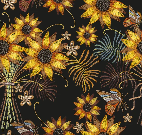 Stickerei Vintage Sonnenblumen und Schmetterlinge nahtlose Muster — Stockvektor