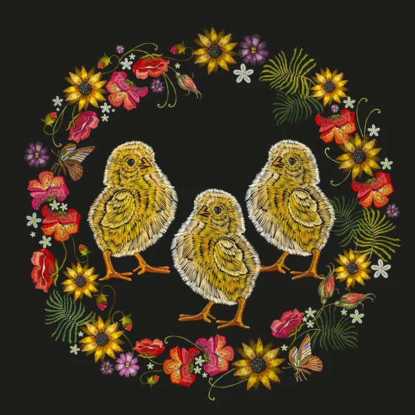 Broderie poulets et couronne de fleurs. Broderie classique — Image vectorielle