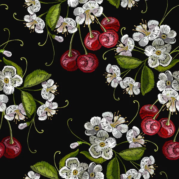 Stickerei Kirschblütenbaum und Kirschfruchtbeere nahtlos — Stockvektor