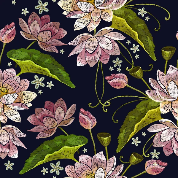 Embroidery water lotus flowers seamless pattern