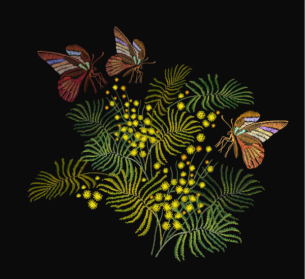 Embroidery mimosa flowers and butterflies. Fashion template for 