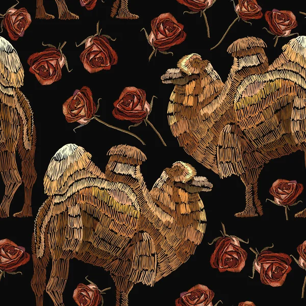 Embroidery camels and roses seamless pattern. Portrait of beauti