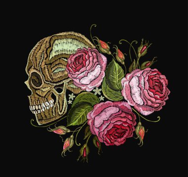 Nakış kafatası ve çiçekler. Gotik romantik nakış
