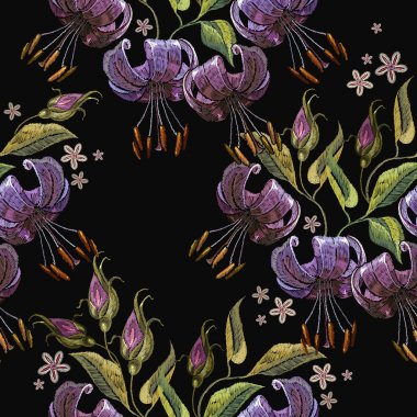 Nakış kaplan lillies seamless modeli. Giysiler için şablon